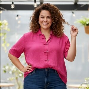 Vintage Venezia 100% Silk Hot Pink Women's Button Down Shirt Size 26/28